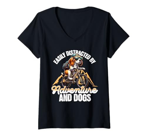 Mujer Funny Cycling Meme - Easily Distracted By Dogs And Adventure Camiseta Cuello V
