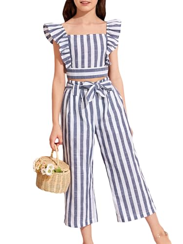 Image of Floerns Girls 2 Piece Outfit Boho Striped Ruffle Sleeve Crop Top and Bow Front Pants Set Navy Blue 7Y