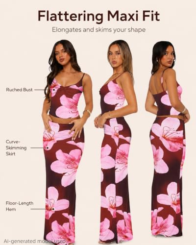Image of Two Piece Skirt Set for Women - Sexy Sleeveless Spaghetti Strap Pleated Tank Top Maxi Long Skirts Sets