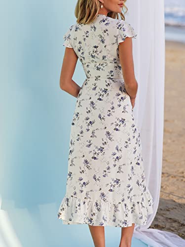 Cupshe X Madison Women's V Neck Ruffle Cap Sleeve Long Dress Floral Print Formal Dress Button Front Flounce Hem Long Maxi Dress #TOP2