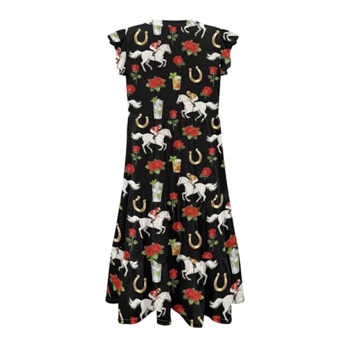 Image of Women's Casual Ruffle Sleeve Dress V Neck Pullover Dress Flowy A-Line Pleated Lightweight Dress with Pockets