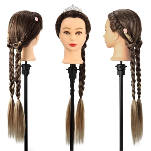 Frisierkopf, Auzass Frisurenkopf 26-28 Inch 100% Kunsthaar Weich Übungskopf Ombre Friseurkopf Trainingsköpfe Mit Halter + DIY Haare Frisuren Set zum Üben von Frisuren (Brown to Deep Gray)