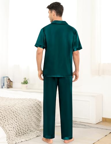 Image of SWOMOG Mens Satin Pajama Set Short Sleeve Classic Sleepwear Button Down Silky Loungewear with Long Pants Solid Deep Green X-Large