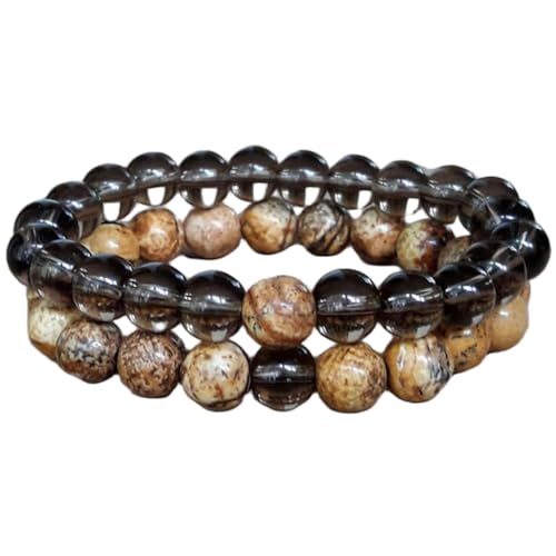 Bracelets extensibles pour couples en perles de jaspe et quartz fumé poli