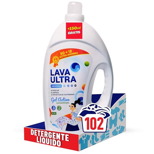 Lava Ultra Gel Activo (5.1L+150ml GRATIS) - Detergente Líquido Concentrado para Lavadoras, 102 Lavados - 5.1 L, Sin Fosfatos, Apto para Todo Tipo de Telas, Suave y Fresco, Fabricado en España