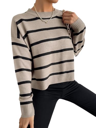 GORGLITTER Women's Striped Drop Shoulder Sweater Oversized Crew Neck Knit Sweaters Pullover Top4