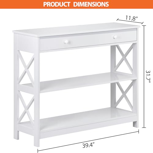 Nouva 3 Tier Console Table 40 Inch Entry Table with 1 Drawer Wall Table Narrow Long Table Sofa Tables with Storage for Living Room Hallway Entryway Foyer (White)
