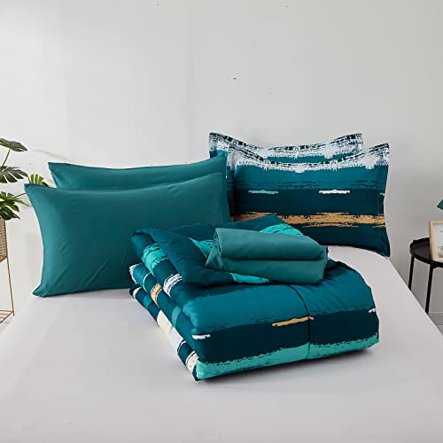 7 Pieces Blue Comforter Set King, Boho Bed In A Bag Comforter Gradient Striped Bedding Set Soft Microfiber King Size(1 Comforter,2 Pillowcase,2 Pillow Shams,1 Flat Sheet,1 Fitted Sheet) #TOP6