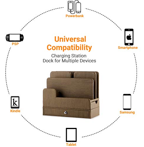 EasyAcc Charging Stations for RAVPower 60W 12A 6-Port Multiple Devices Double-Deck Docking Station Organizer for Anker USB Charger (Without Charger) for iPhone 11 Pro Cell Phones,Tablet,MacBook(Brown)