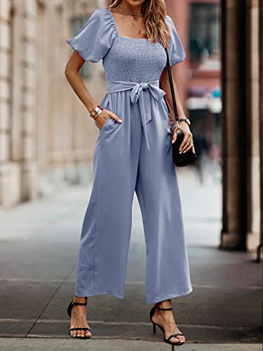Angashion Women's Jumpsuits Square Neck Puff Short Sleeve Smocked Waist Wide Leg Outfit Rompers Playsuit With Belt Pockets Light Blue Medium #TOP1