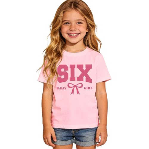 MULOIUDZ Six Birthday Girl Shirts 6th Girls Birthday Outfits Kid Bow B-Day T-Shirt 6 Years Old Party Tees Gift Tops(Pink 6th)