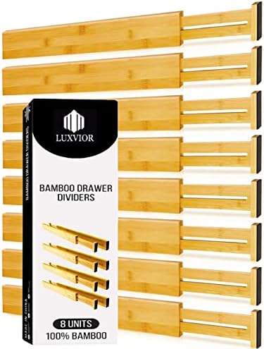 Expandable Bamboo Drawer Dividers 8 pack(17.5"-22")Drawer Organizer for Kitchen Organization,Clothes,Utensils,Silverware,Dressers,Office,Desk,Bathroom,Bedroom,Spring Loaded Adjustable Deep Separators
