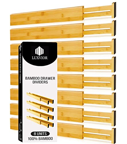 Expandable Bamboo Drawer Dividers 8 Pack(17.5"-22")Drawer Organizer For Kitchen Organization,Clothes,Utensils,Silverware,Dressers,Office,Desk,Bathroom,Bedroom,Spring Loaded Adjustable Deep Separators #TOP5