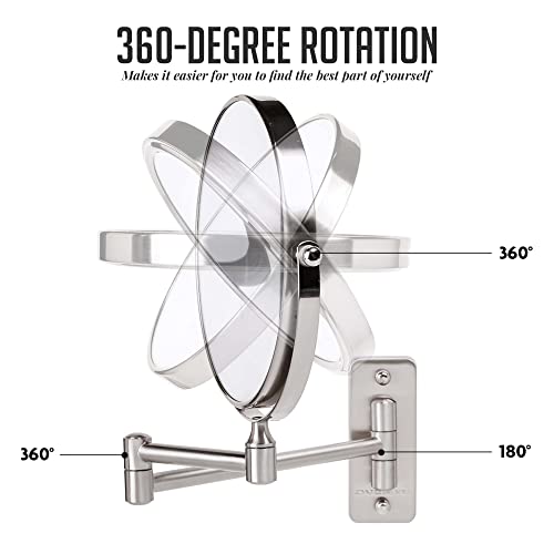 Ovente 7" Wall Mount Makeup Mirror, 1X & 10X Magnifier, Adjustable Spinning Double Sided Round Reflection, Extend, Retractable & Folding Arm, Bathroom & Vanity Décor, Nickel Brushed Mnlfw70Br1X10X #TOP2