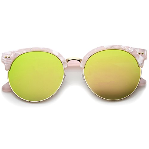 zeroUV Womens Half-Frame Marble Finish Moon Cut Color Mirrored Lens Round Sunglasses - Main Image
