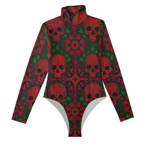 Body de manga larga para mujer GuoChe en rojo oscuro y cuello alto elegante