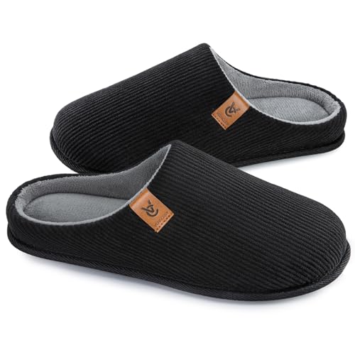 VeraCosy Mens Corduroy Slip-on Slippers Cosy Non-Slip Memory Foam Indoor House Shoes with Coral Fleece Lining Dark Black 10-11 UK