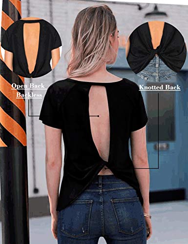 Blooming Jelly Women's Sexy Backless Short Sleeve Top Back Knot Casual Shirt Tee (Xxl, Black) #TOP3
