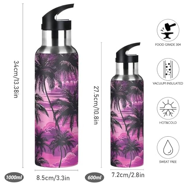 Colorful Hawaii Palms 35 oz Insulated Water Bottle with Straw, Metal Water Bottle, Stainless Steel Sports & Travel Water Bottles Reusable, Leak Proof Thermal Flask, Wide Mouth, BPA Free