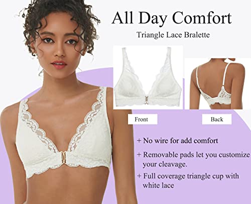 Uca Lingerie White Triangle Lace Bralette, Wireless Plunge Bra With Removable Pads Racerback For Everyday Comfort(34B,White) #TOP5