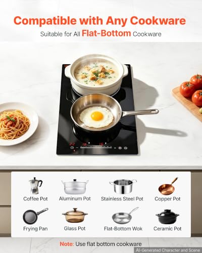 Image of VEVOR Electric Cooktop 12inch 2 Burners Portable Stove Top 1800W 120V, Ceramic Countertop /Built-in Radiant Electric Stove, with 16 Power Levels, Timer, Child Lock, Over-Heat Guard, Touch Control