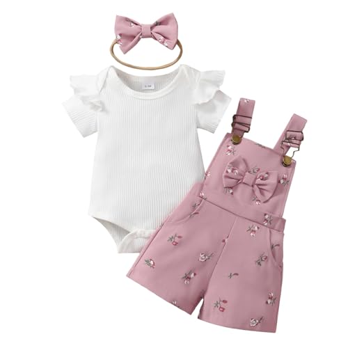Image of Megeoly Newborn Baby Girl Clothes Summer Outfit Short Sleeve Ribbed Romper Suspender Overalls Shorts Set