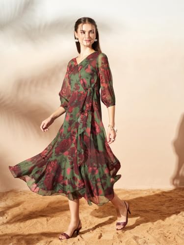 Image of Miss Chase Women's Multicolored Black Floral V-Neck 3 /4 Sleeve Wrap Chiffon Midi Dress