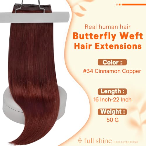 Image of Full Shine Butterfly Weft Hair Extensions 20 Inch 50g Cinnamon Copper | Invisible PU Holes, Seamless Look, For Thin Hair, Medium Length Styling, Daily Natural Look, No Glue No Heat Method