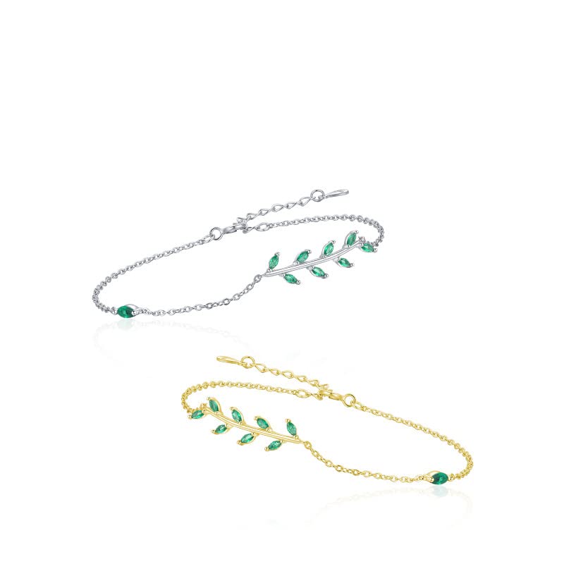 Delicate Moissanite Leaf Bracelet - Trendy Classic Design Bracelet with 14K Gold and Emerald Stones - Mother's Day Gift3