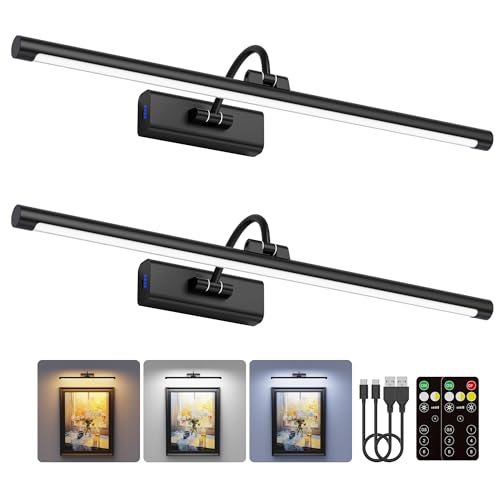 2 Pack Light for Pictures on Wall Black 8000mAh - 24" Cordless Battery Powered Wall Mount Sconce with Dimmable Remote for Oversized Artwork & Gallery