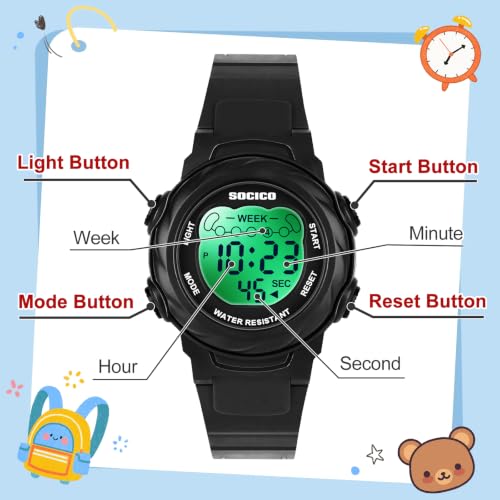 Image of SOCICO Kids Digital Watch 50M Waterproof & 7 Color Lights for Boys Girls