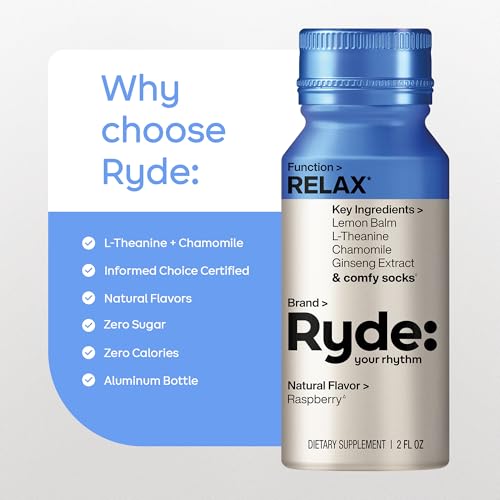 Image of Ryde: Relax Shot, Raspberry Flavor, Lemon Balm, L-Theanine, Ginseng & Chamomile, 0 Calories, 0 Sugar, 2 FL OZ Shots, Helps You Relax* (24 Pack)