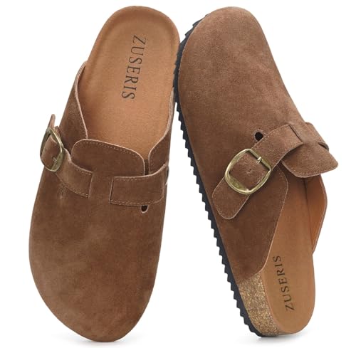 Image of ZUSERIS Suede Clogs for Women Men Wide Width Leather Mules | Soft Cork Footbed,Arch Support,Comfort Potato Shoes
