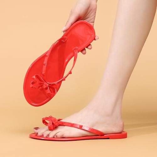 Image of Studded Jelly Shoes for Womens Bow Flip Flops Jellies Sandals Flat Black Summer Beach Thong with Rivets Strappy Slides Slip On