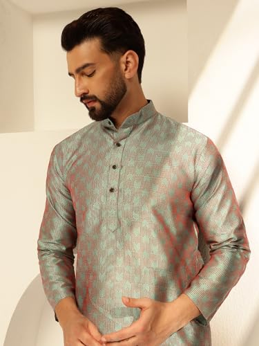 Image of SOJANYA (Since 1958 Men's Jacquard Silk Contrast Red Thread Woven Design Kurta With Pyjama