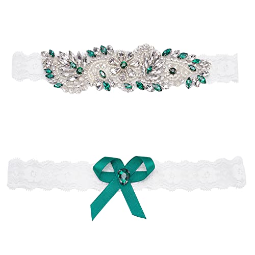 WEBEEDY 2 Pcs Lace Bridal Garter Rhinestone Wedding Bridal Garter Set Rhinestone Green Sexy Leg Garters for Wedding Stretch Bridals Garters Sets with Rhinestones