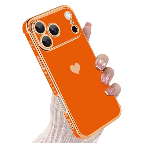 Coque iPhone 17 Pro TPU souple orange, protection bumper mince avec motif cœur d'amour