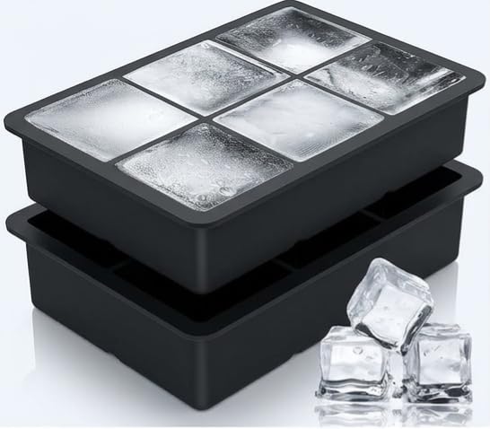Image of Silicone Large Ice Cube Tray, 6 Square Cavities, BPA Free Food Grade Flexible Mould, Slow Melting Big Ice Blocks for Cocktails, Cold Coffee & Cold Drinks, Easy Release, Reusable, Dishwasher Safe