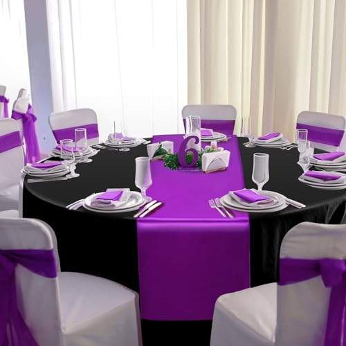 Image of 12Pack 12x108 Inch Satin Table Runner and 84 Inch Round Plastic Tablecloths Set Black Purple Disposable Round Table Cover for Graduation Wedding Bridal Shower Anniversary Birthday Party Decorations