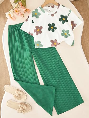 Image of TAGAS Girls Floral Printed Co-Ord Set | Half Sleeve Crop Top & Ribbed Wide Leg Palazzo Pants | Stylish Summer Outfit | Casual Wear top and pant |Set for Kids Girls