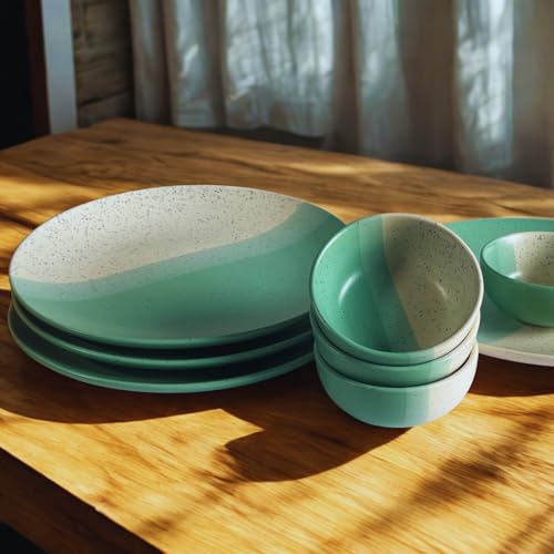 Image of Freakway Ceramic Dinner Set, 4-Piece Mint Green & Beige Speckled | Dual Tone, 4 Plates & 4 Bowls, Elegant Serving Set