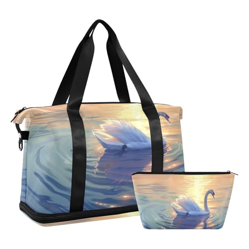 ALAZA Sports Duffel Bags with Toiletry Bag Set,Beautiful Swan Travel Duffel Bags Multi Pockets Weekend Bag2