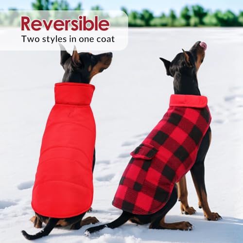 ASENKU Dog Winter Coat, Fleece Doggie Jacket Plaid Reversible Vest Waterproof Windproof Cold Weather Clothes for Small Medium Large Dogs (Red, XL) - Thumbnail 4