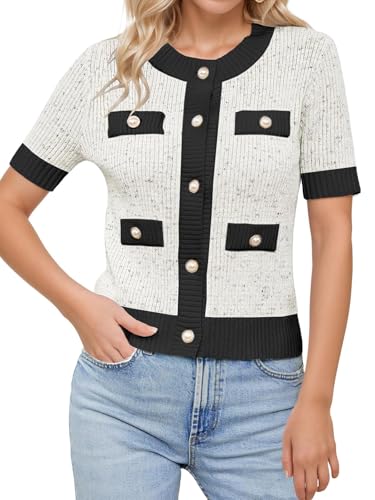 LCXWFE Womens Cropped Short Sleeve Cardigan Sweaters Crew Neck Button Down Tweed Cardigans Knitwear Tops with Pockets