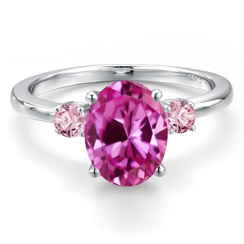 Gem Stone King 14K White Gold Pink Created Sapphire and Pink Lab Grown Diamond Engagement Ring For Women | 3.51 Cttw | Oval 10X8MM | Gemstone September Birthstone | Available in Size 5,6,7,8,93