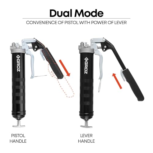Image of Groz Dual Mode Grease Gun, 500 GMS | Telescopic Handle with Pistol and Lever Mode | 12 Months Warranty |High Pressure and High Volume Setting | Heavy Duty Grease Gun | G77