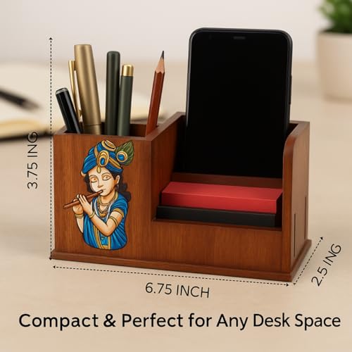 Image of DivineCraftedArt Handcrafted Wooden Pen Holder & Mobile Stand | Desk Organizer for Office, Home & Study Table | Pen Pencil Stand with Card Holder (6.75x3.75x2.5 Inch) (Krishana Harmony)
