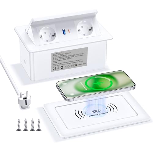 Prise Encastrable Plan de Travail avec USB C PD 20 W et 15 W - Chargeur sans Fil, Multiprise Encastrable Plan de Travail USB C pour Table de Canapé, Maison...