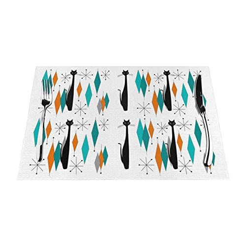 Mid Century Modern Black Cat Placemats Set Of 6, 12X18In Linen Retro Place Table Mat Washable Non Slip Heat Resistant For Kitchen Wedding Christmas Dinner Parties Home Decor #TOP1