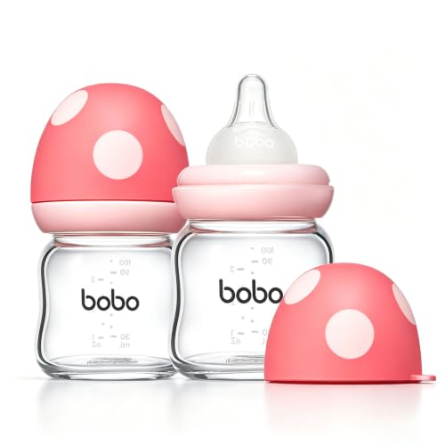 Image of YOHKOH Natural Glass Baby Bottle with Level 2 Medium Flow Nipple, Newborn Anti-Colic Baby Bottles, Wide Neck Mushroom Baby Glass Bottle (3.4oz (Pack of 2), Red)